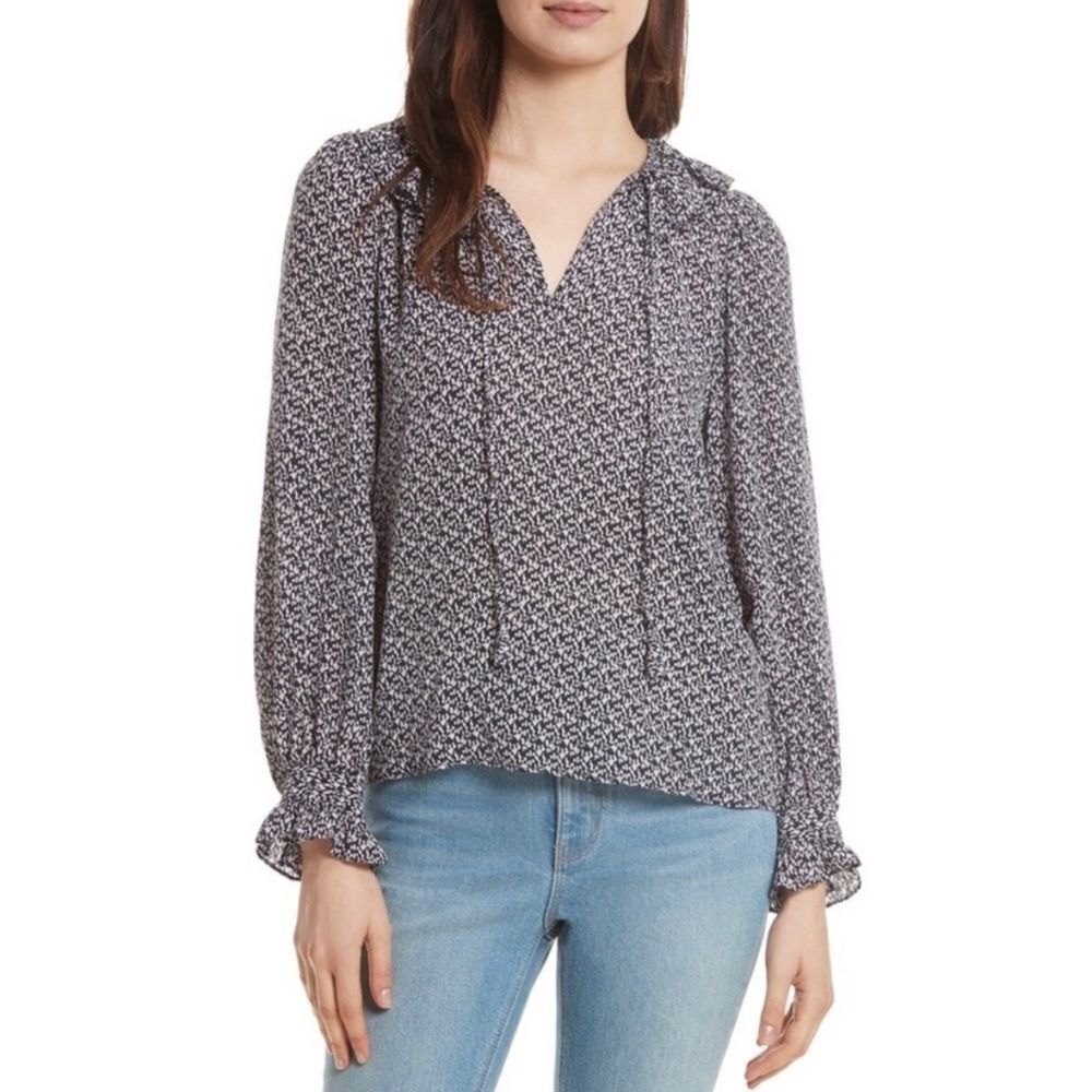 Rebecca Taylor Static Print Peasant Blouse – Black White, Ruffle Collar, Size 6